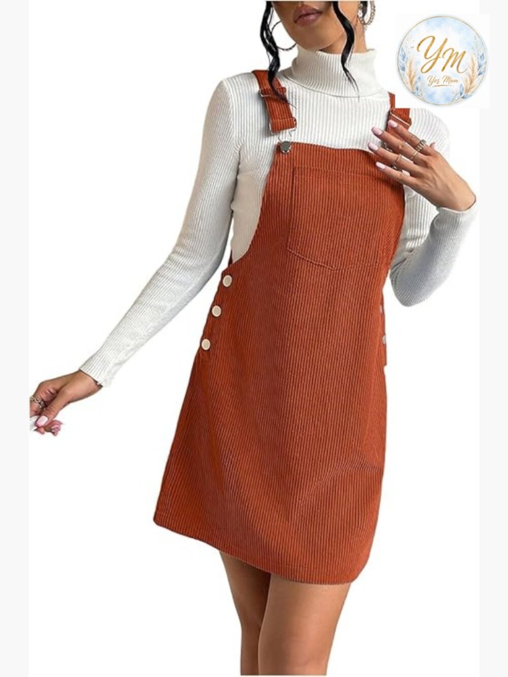 Corduroy Overall Dress Button Pinafore Jumper with Pocket